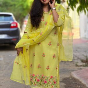 Pure kota doria embroidery in yellow