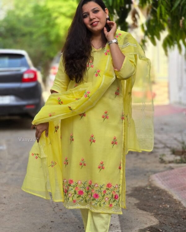 Pure kota doria embroidery in yellow