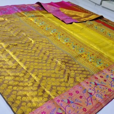 Pure kanchipattu tissue edge to edge paithani boarder with Meena work