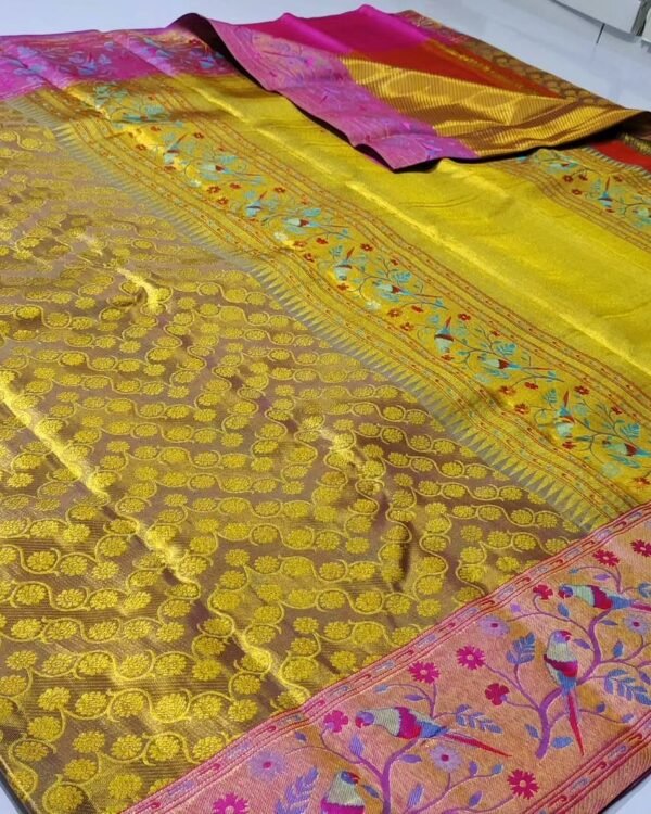 Pure kanchipattu tissue edge to edge paithani boarder with Meena work
