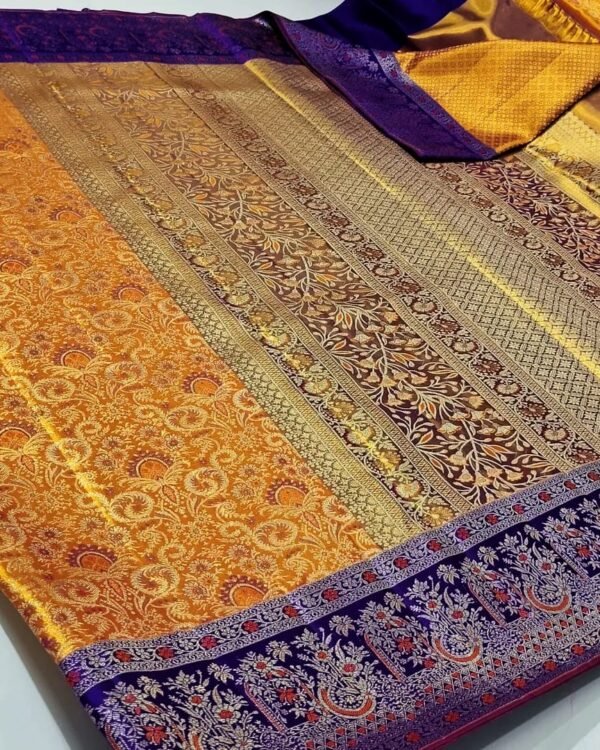 Pure kanchipattu goldish edge to edge all over Meenakari brocade