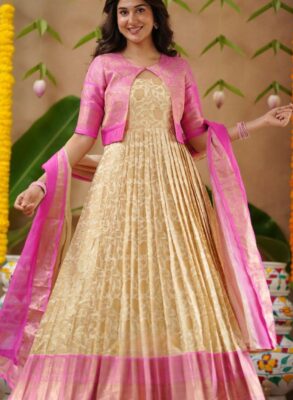 Kota Zari Pattu Cream With Jacket Gown Dress