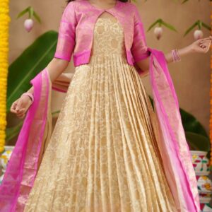 Kota Zari Pattu Cream With Jacket Gown Dress