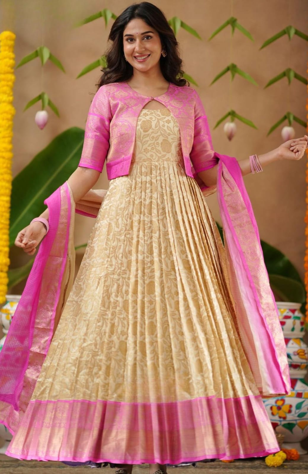 Kota Zari Pattu Cream With Jacket Gown Dress 13 Kota Zari Pattu Cream With Jacket Gown Dress