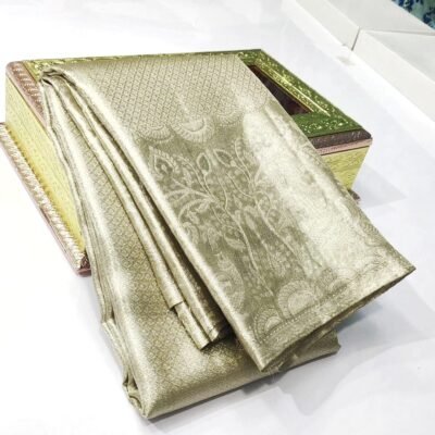 Pure kanchi pattu tissue all over silver in floral brocade