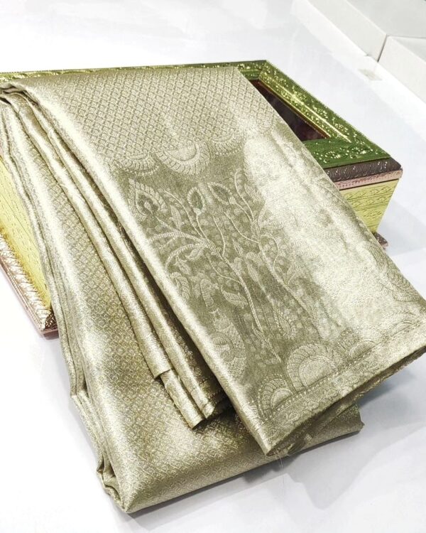 Pure kanchi pattu tissue all over silver in floral brocade