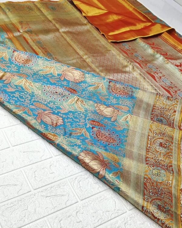 Pure kanchi pattu tissue floral edge to Meenakari brocade