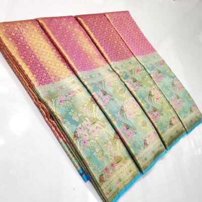 New Pure kanchi pattu floral edge to edge all over silver jari and gold jari weaving