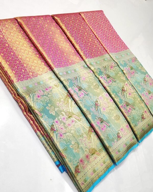 New Pure kanchi pattu floral edge to edge all over silver jari and gold jari weaving