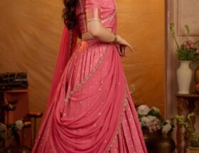 Peetal Gulabi Viscose Dola Lehenga Set In Pink