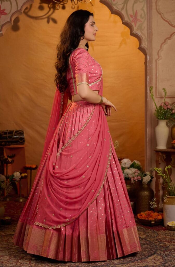 Peetal Gulabi Viscose Dola Lehenga Set In Pink