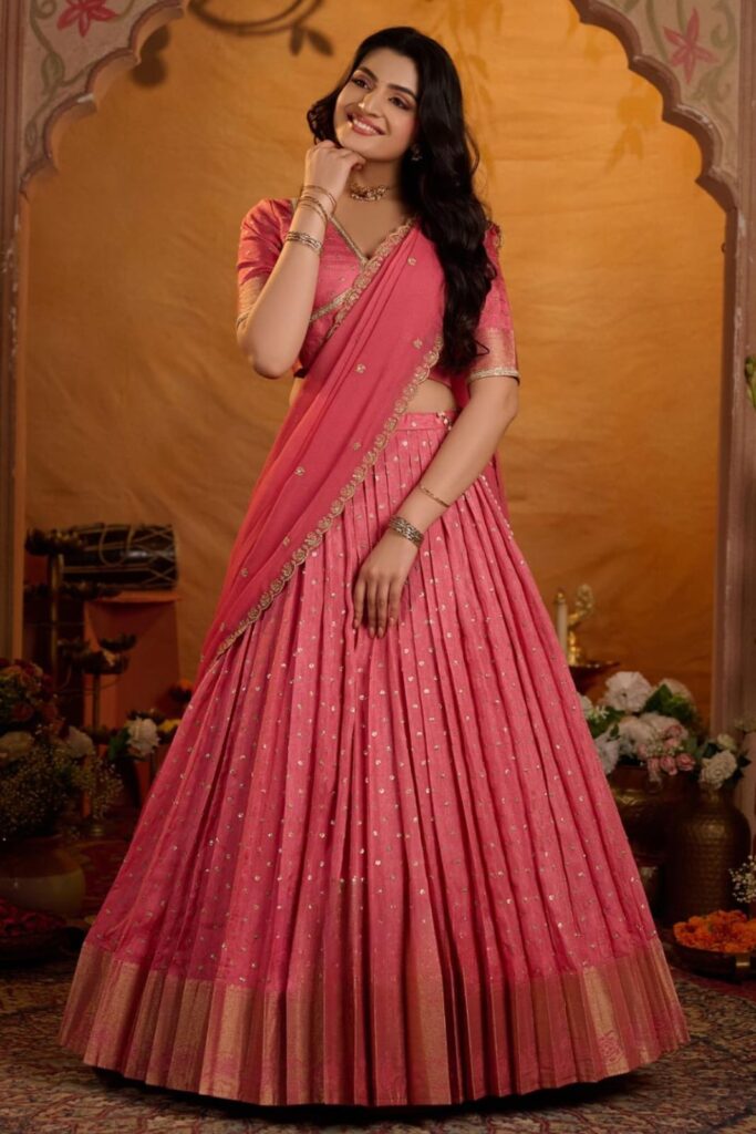 Peetal Gulabi Viscose Dola Lehenga Set In Pink2