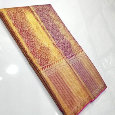 Pure kanchi pattu tissue edge to edge checks boarder with all over floral brocade