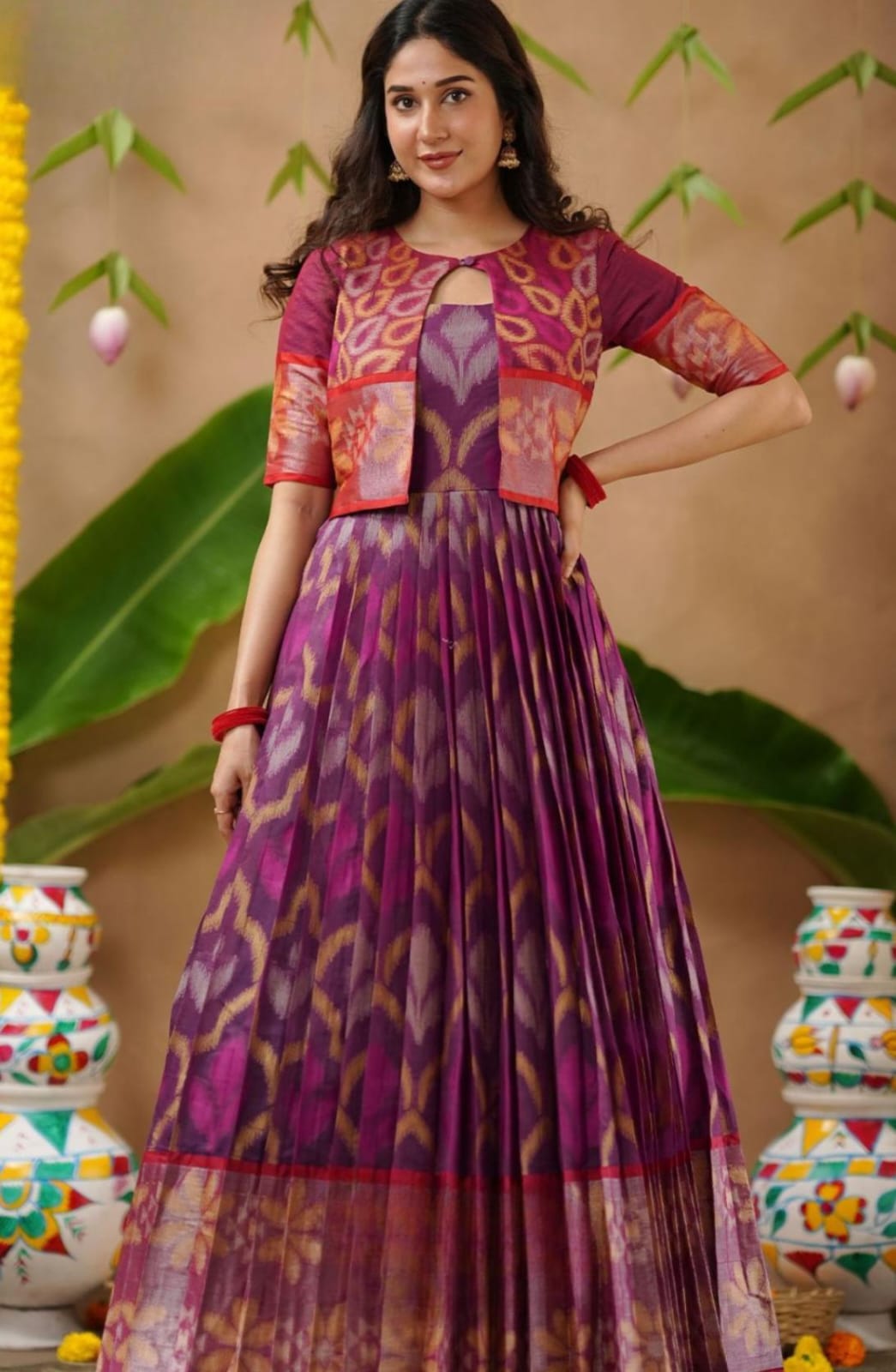 New Purple Ikkat Pochampally Pattu With Jacket Gown Dress 2 Malvika Purple Ikkat Pochampally Pattu With Jacket Gown Dress