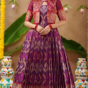 New Purple Ikkat Pochampally Pattu With Jacket Gown Dress