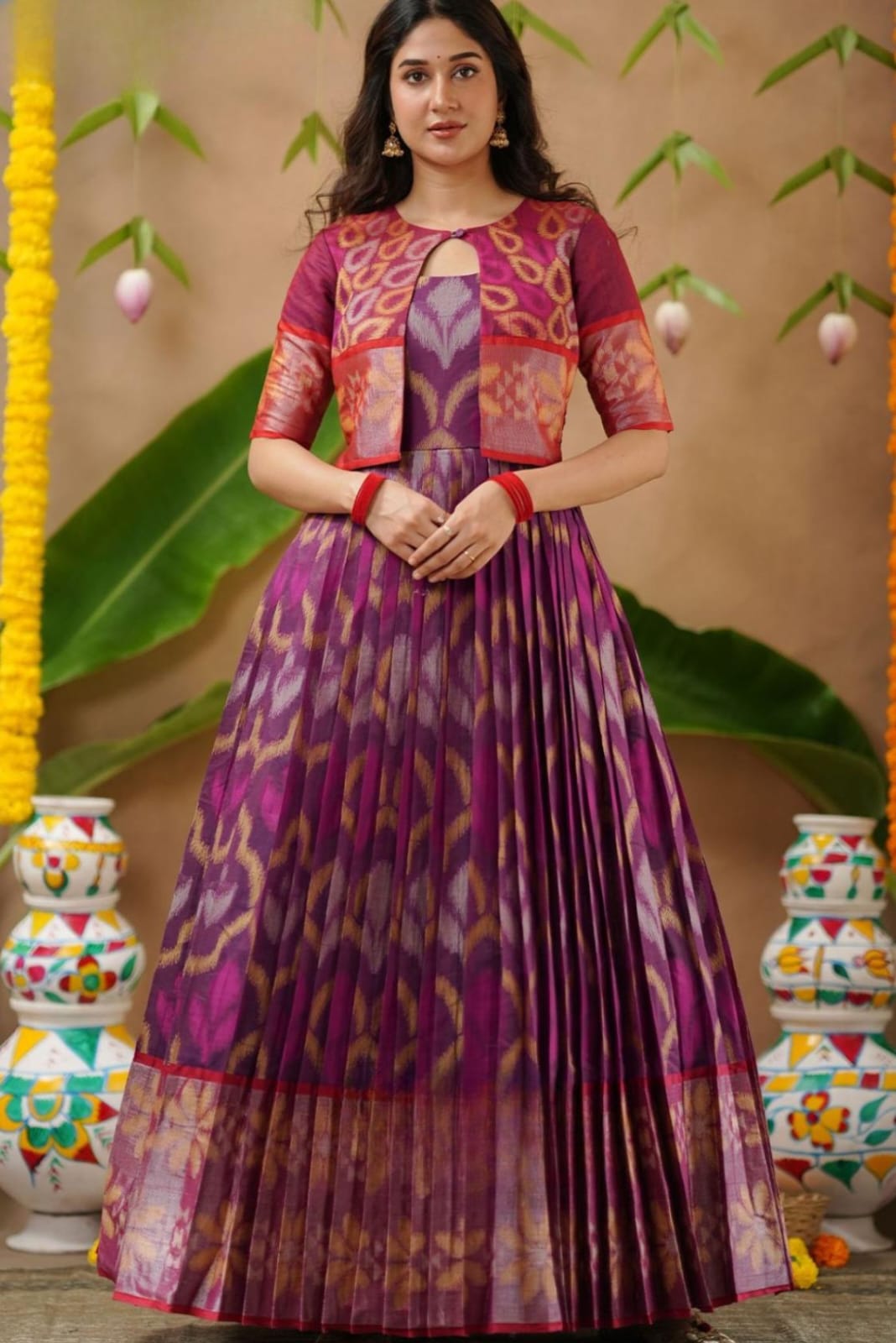 New Purple Ikkat Pochampally Pattu With Jacket Gown Dress 21 New Purple Ikkat Pochampally Pattu With Jacket Gown Dress