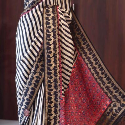 Black-and-White striped Pure Munga Silk Saree