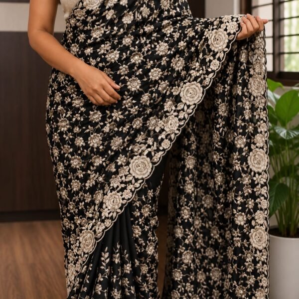 Embroidery on pure crepe silk sarees