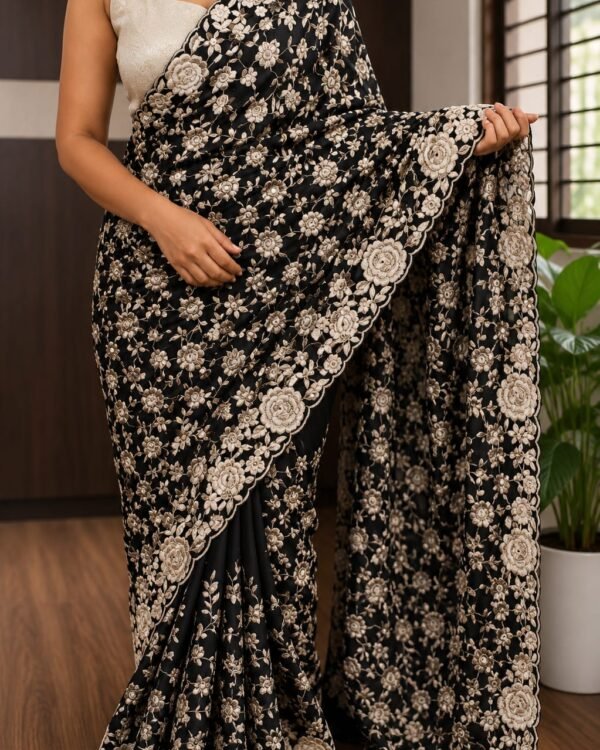 Embroidery on pure crepe silk sarees