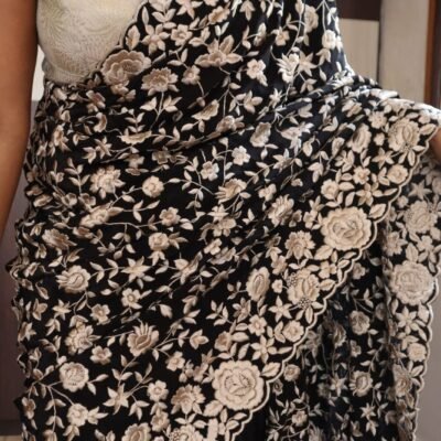 Embroidery on pure crepe silk sarees