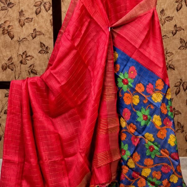 Check Zari Tussar Dye Worked Saree