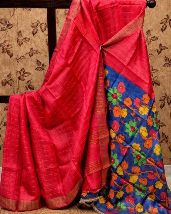 Check Zari Tussar Dye Worked Saree