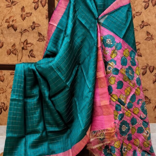 Check Zari Tussar Saree with Hand-painted Kalamkari