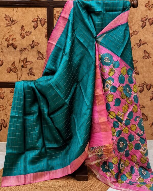 Check Zari Tussar Saree with Hand-painted Kalamkari