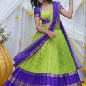 Nishkala Lime and Blue Gadval Silk Lehenga Set