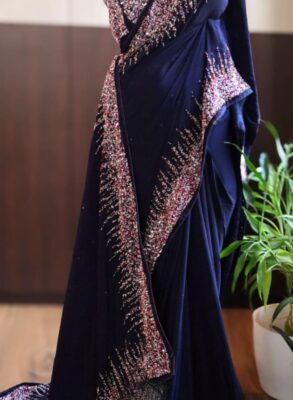 Navy Blue Sequins Embroidered Designer Crepe Saree