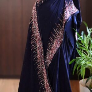 Navy Blue Sequins Embroidered Designer Crepe Saree