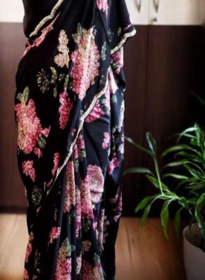 Pearl handwork on pure crepe silk saree