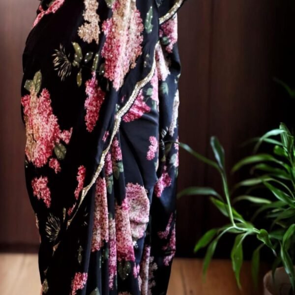 Pearl handwork on pure crepe silk saree
