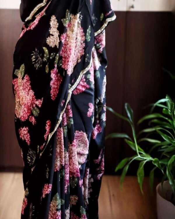 Pearl handwork on pure crepe silk saree