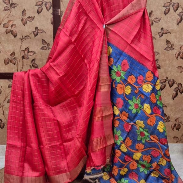 Tussar Dye Worked Saree with Hand paint Kalamkari design blouse