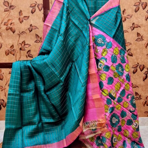Tussar Dye Worked Saree with Hand paint Kalamkari design blouse