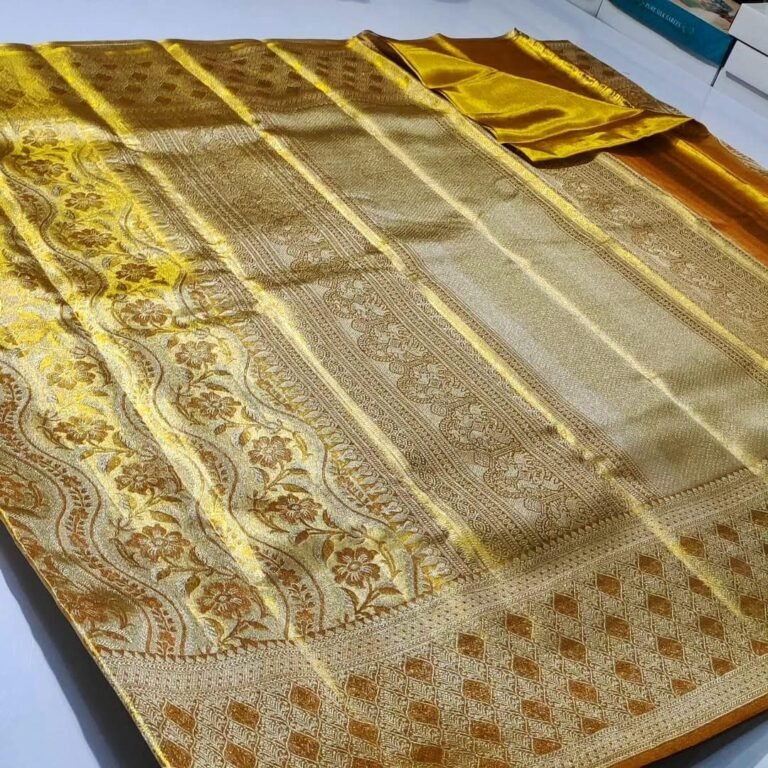 Pure kanchipattu tissue edge to edge gold with silver jari 20 Pure kanchipattu tissue edge to edge gold with silver jari