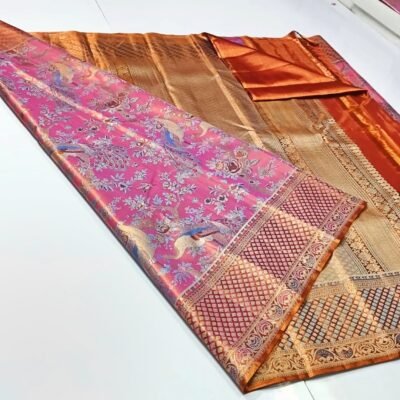 Pure kanchipattu tissue edge to edge Meenakari peacock stitching brocade designs