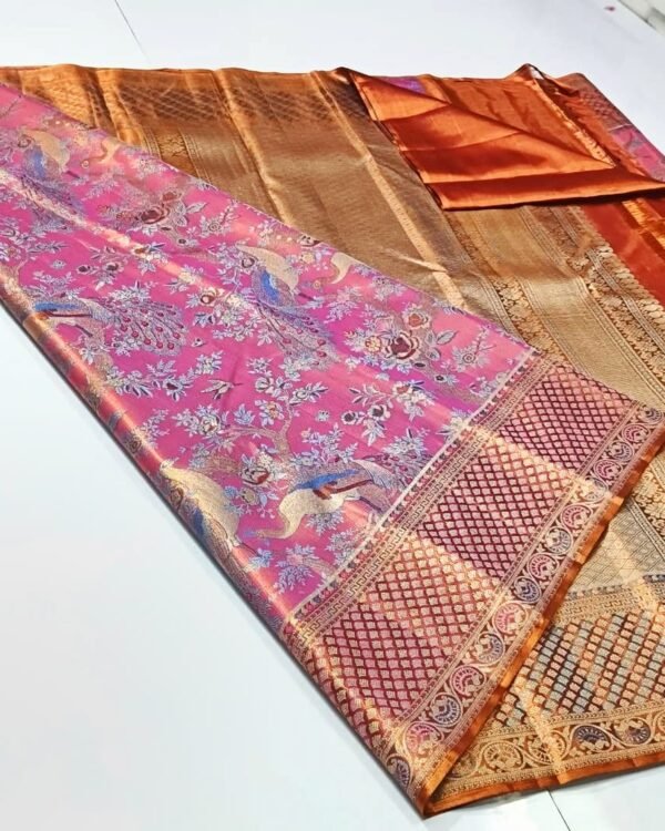 Pure kanchipattu tissue edge to edge Meenakari peacock stitching brocade designs