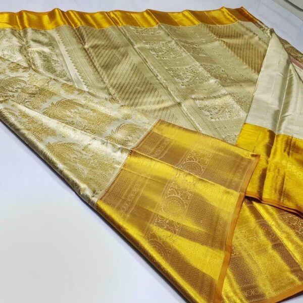 Pure kanchipattu tissue double card Meena birds with coconut all over brocade