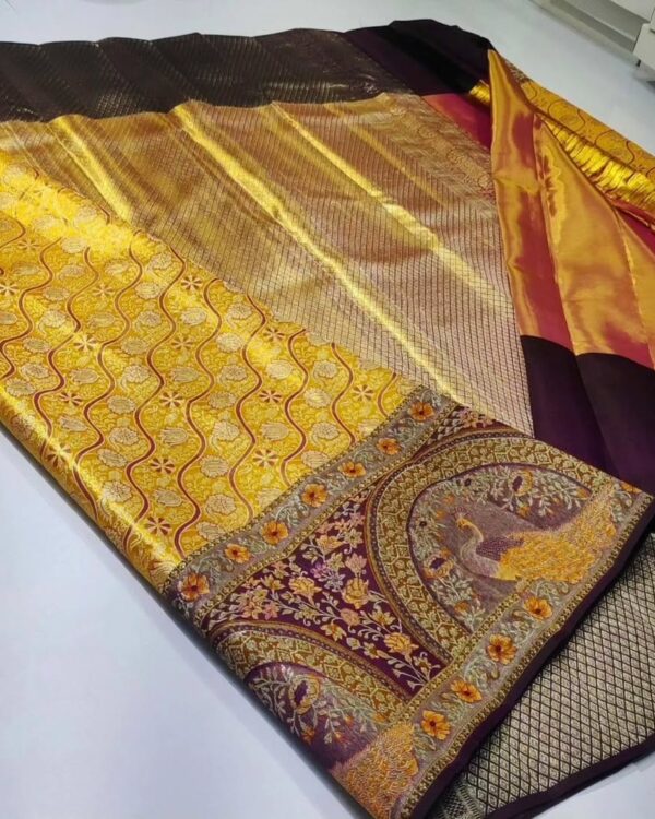 Pure kanchi pattu tissue edge to edge Meenakari brocade designs