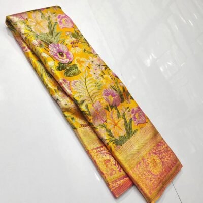 Premium quality pure kanchi pattu tissue edge to edge Meenakari floral brocade designs