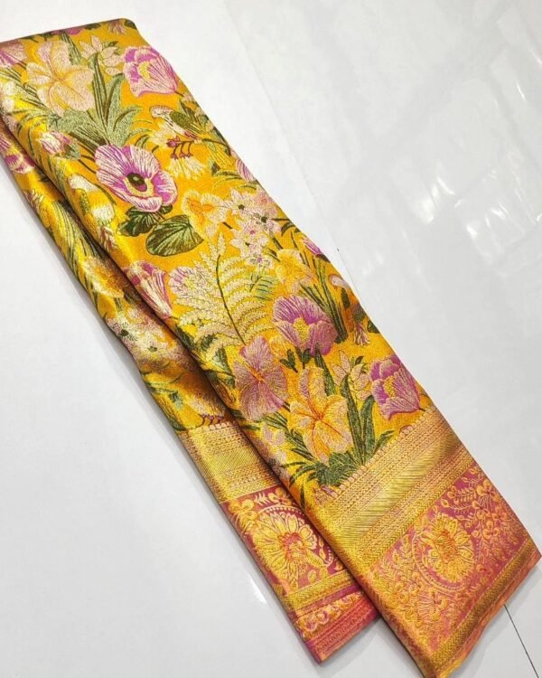 Premium quality pure kanchi pattu tissue edge to edge Meenakari floral brocade designs