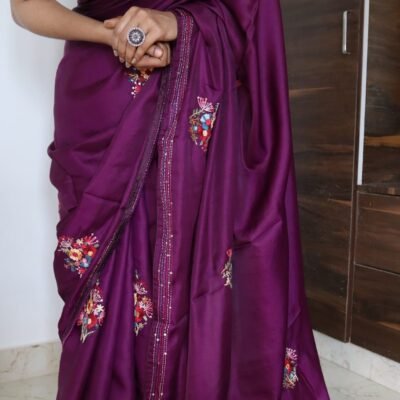 Kashmiri handwork embroidery tussar silk saree