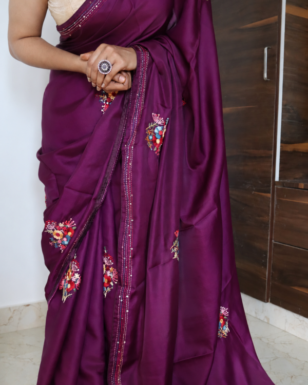 Purple Kashmiri handwork embroidery tussar silk saree with colourful floral motifs