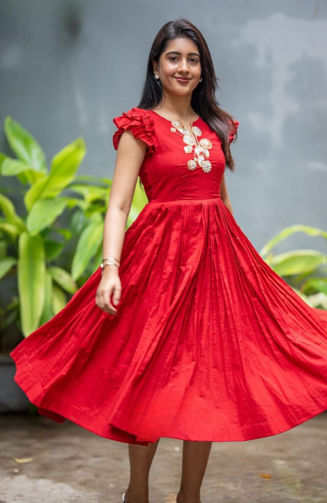 Red Mul Cotton Midi Dress
