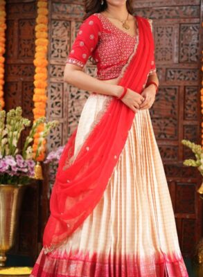 Red Checks Pattu Lehenga Set