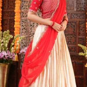 Red Checks Pattu Lehenga Set