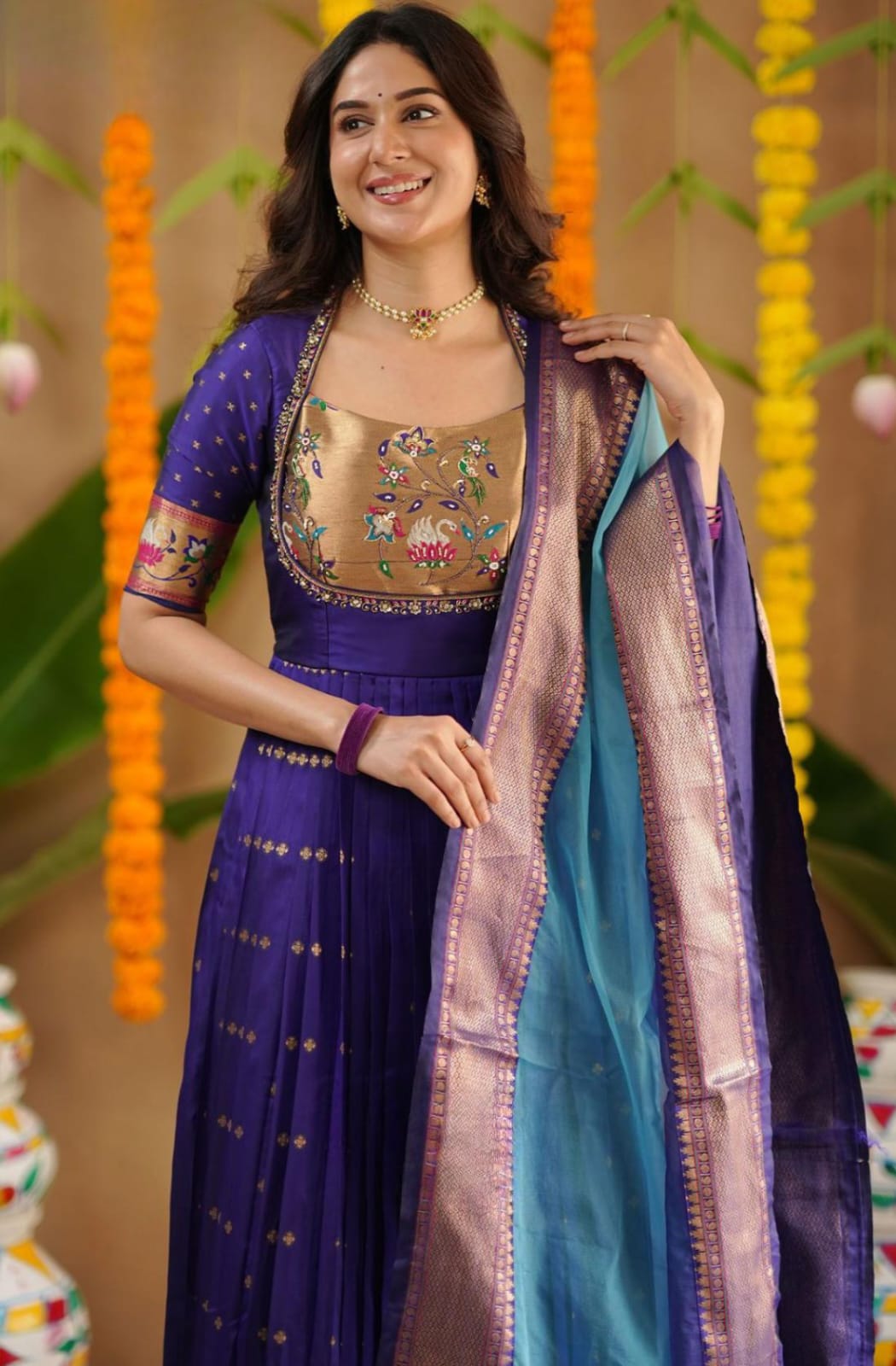 Soft Silk Blue Handwork Anarkali Gown Dress 4 Soft Silk Blue Handwork Anarkali Gown Dress - Image 4