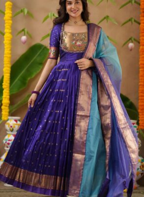 Soft Silk Blue Handwork Anarkali Gown Dress
